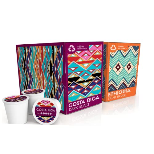 Atlas Coffee Club - Dark and Light Roast K Cup Pods - Costa Rica and Ethiopia, 100% Recyclable, Premium Single Origin Coffee for K Cup 1.0 & 2.0 Brewers, 24ct Box