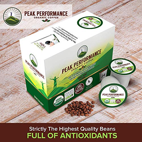 Organic Coffee Pods - Peak Performance High Altitude Organic Coffee. Coffee for High Performance Individuals. Fair Trade, Low Acid, Organic Beans Medium Roast. Single Serve 24 Coffee Pods, Cups