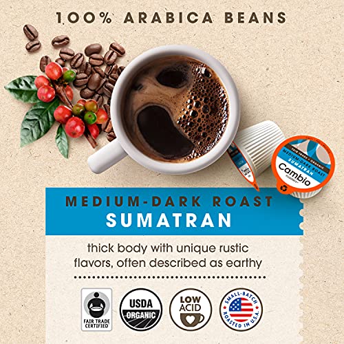 Cambio Roasters® Sumatra Coffee K Cups Organic Sumatra Coffee K Cups Recyclable 34% More Flavor Low Acid Sumatra K Cups Fair Trade Medium Roast 27 Count 100% Arabica Beans