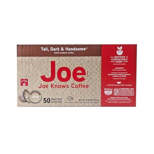 Joe Knows Coffee, Tall Dark and Handsome, Single Serve Coffee Pods, Rich, Bold Roast, 50 Count, Compatible with Keurig 2.0 Brewers, BPI certified compostible pods