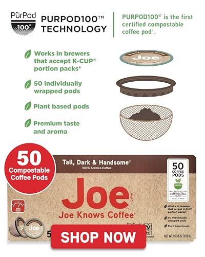 Joe Knows Coffee, Tall Dark and Handsome, Single Serve Coffee Pods, Rich, Bold Roast, 50 Count, Compatible with Keurig 2.0 Brewers, BPI certified compostible pods