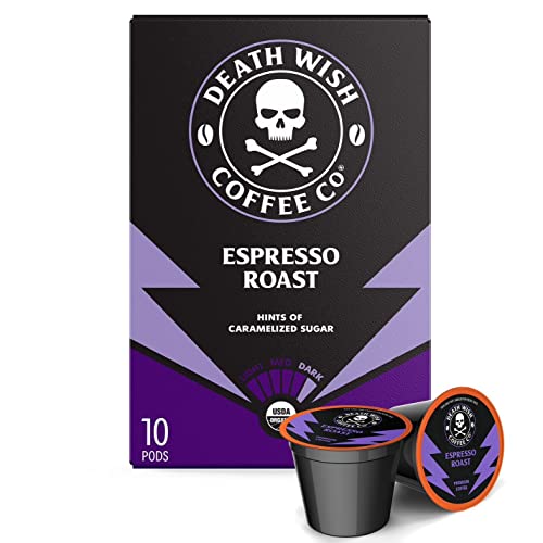 Death Wish Coffee Co. Espresso Roast Single Serve Coffee Pods - Extra Kick of Caffeine - Fair Trade and Organic Coffee (10 Count)