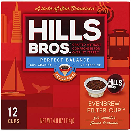 Hills Bros Single Serve Coffee Pods, Perfect Balance, Medium Roast Coffee, 12 Count-Keurig Compatible, Roasted Arabica Coffee Beans, Less Caffeine, Full-Body Flavor