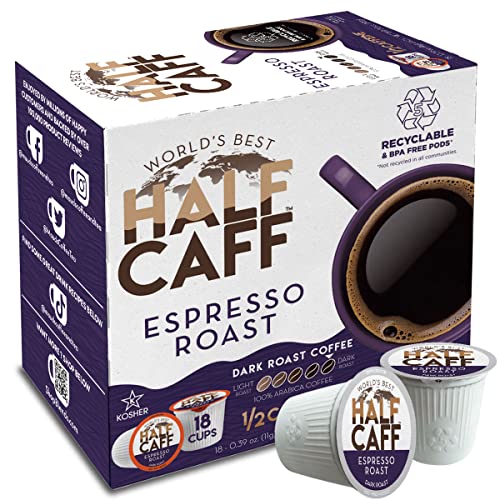World's Best Half Caff Espresso Roast Coffee 18ct. Solar Energy Produced Recyclable Single Serve Dark Roast Coffee Pods - 100% Arabica Coffee California Roasted, KCup Compatible