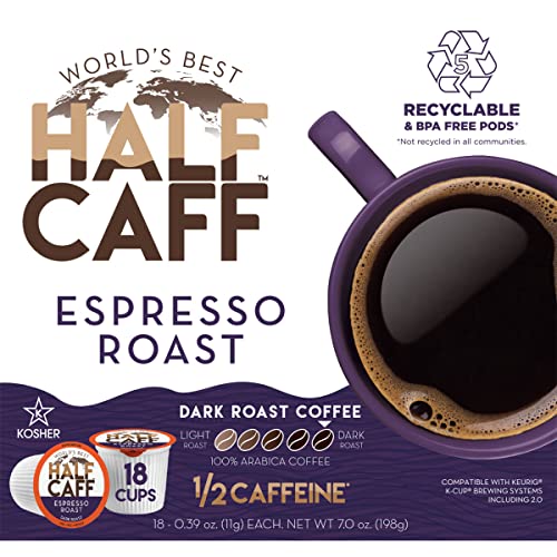 World's Best Half Caff Espresso Roast Coffee 18ct. Solar Energy Produced Recyclable Single Serve Dark Roast Coffee Pods - 100% Arabica Coffee California Roasted, KCup Compatible