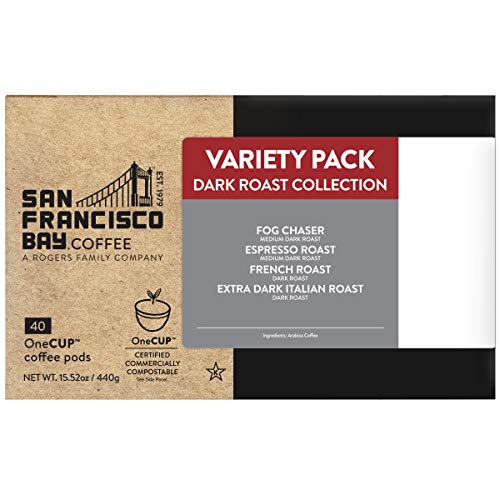 San Francisco Bay Compostable Coffee Pods - Variety Pack Dark Roast (40 Ct) K Cup Compatible including Keurig 2.0, French, Espresso, Fog, Extra Dark Italian