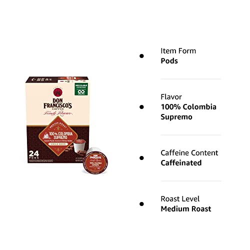 Don Francisco's Colombia Supremo Medium Roast Coffee Pods - 24 Count - Recyclable Single-Serve Coffee Pods, Compatible with your K- Cup Keurig Coffee Maker