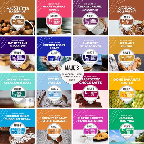 Mauds Super Flavored Coffee Variety Pack - 80ct Single Serve Pods with 16 Flavors of Medium Roast Arabica Coffee