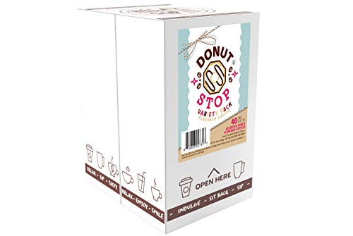 Donut Stop Flavored Coffee Pods, Compatible with 2.0 K-Cup Brewers, Donut Flavor Coffees, Assorted Variety Pack, 40 Count