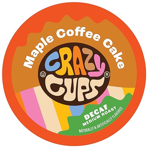 Crazy Cup Decaf Flavored Coffee Pods, Decaffeinated Maple Coffee Cake Single Serve Coffee Cups for K Cup Keurig Machines, Brew Hot or Iced, 22 Count