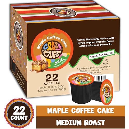 Crazy Cup Decaf Flavored Coffee Pods, Decaffeinated Maple Coffee Cake Single Serve Coffee Cups for K Cup Keurig Machines, Brew Hot or Iced, 22 Count