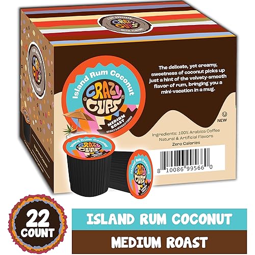 Crazy Cup Flavored Coffee Pods, Island Rum Coconut Single Serve Coffee Cups for K Cup Keurig Machines, Brew Hot or Iced, 22 Count