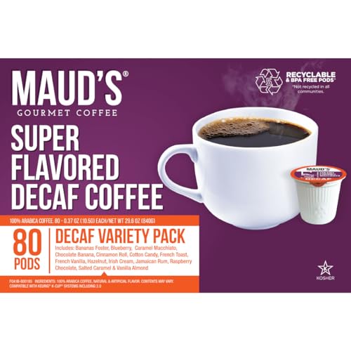 Maud's Decaf Super Flavored Coffee Pods Variety Pack, 80 ct | 14 Assorted Coffee Flavors | 100% Arabica Roasted Coffee | Solar Energy Produced Recyclable Pods Compatible with Keurig K Cups Maker