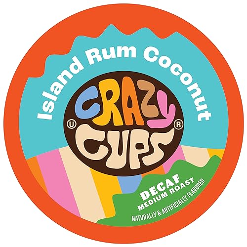 Crazy Cup Decaf Flavored Coffee Pods, Decaffeinated Island Rum Coconut Single Serve Coffee Cups for K Cup Keurig Machines, Brew Hot or Iced, 22 Count