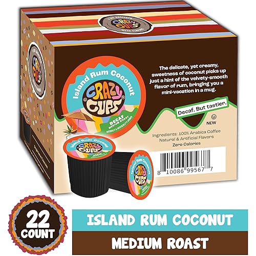 Crazy Cup Decaf Flavored Coffee Pods, Decaffeinated Island Rum Coconut Single Serve Coffee Cups for K Cup Keurig Machines, Brew Hot or Iced, 22 Count