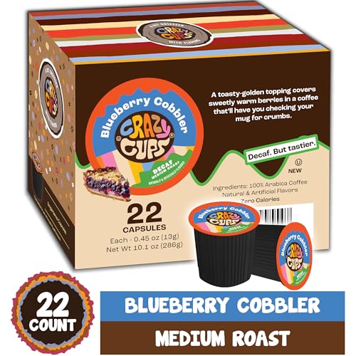 Crazy Cup Decaf Flavored Coffee Pods, Decaf Blueberry Coffee Pods, Blueberry Cobbler Coffee in Recyclable Single Serve Cups For Keurig K Cups Machines, 22 Count