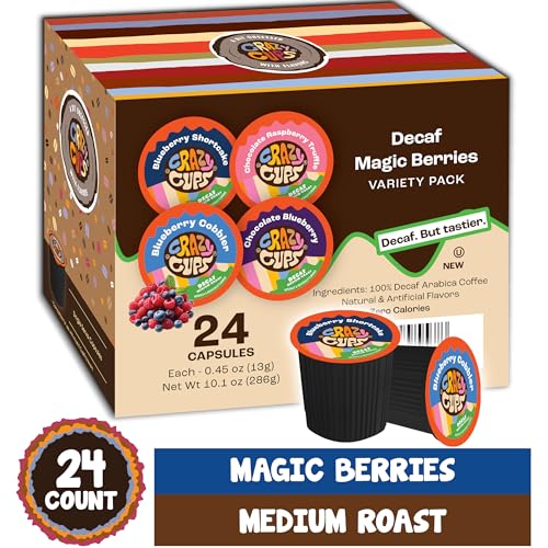 Crazy Cups Decaf Blueberry Coffee Pods Variety Pack, Decaf Magic Berries Flavored Coffee Pods, Single Serve Recyclable Pods Compatible With Keurig K Cup Brewers, 24 Count
