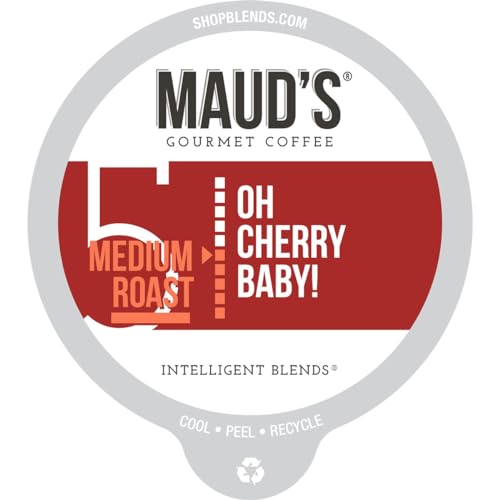 Maud's Cherry Flavored Coffee (Oh Cherry Baby!), 18ct. Solar Energy Produced Recyclable Single Serve Cherry Holiday Flavored Coffee Pods – 100% Arabica Coffee California Roasted, KCup Compatible