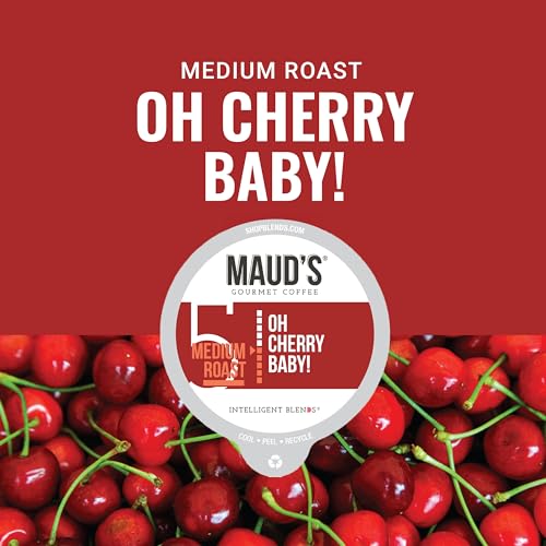 Maud's Cherry Flavored Coffee (Oh Cherry Baby!), 18ct. Solar Energy Produced Recyclable Single Serve Cherry Holiday Flavored Coffee Pods – 100% Arabica Coffee California Roasted, KCup Compatible