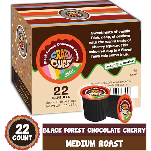 Crazy Cups Decaf Black Forest Chocolate Cherry Coffee Pods, Decaf Flavored Coffee Pods In Single Serve Cups Compatible With Keurig K Cups Machine, 22 Count
