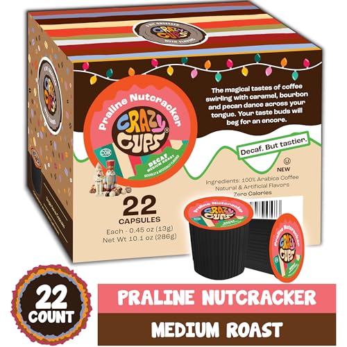 Crazy Cups Decaf Praline Nutcracker Flavored Coffee Pods, Praline Pecan Decaf Coffee, Single Serve Coffee for Keurig K Cups Machines, Medium Roast Coffee, 22 Count