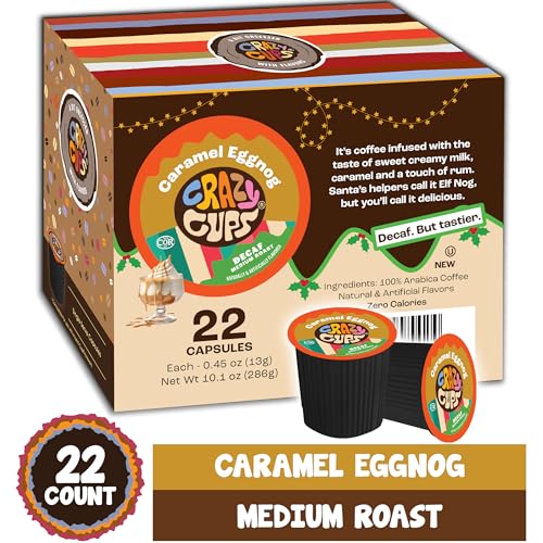 Crazy Cups Decaf Flavored Coffee Pods, Decaf Eggnog Coffee, Holiday Blend Coffee, Single Serve Coffee for Keurig K Cups Machines, Hot or Iced Coffee, Medium Roast Coffee, 22 Count