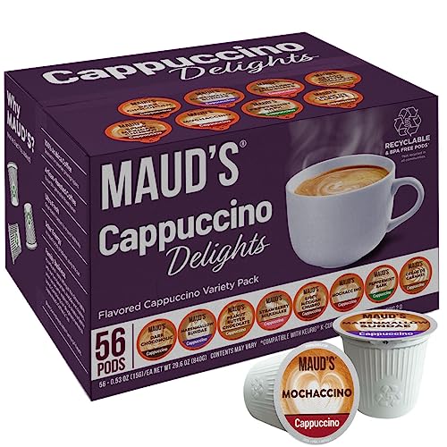 Maud's Cappuccino Coffee Pods Variety Pack, 56 ct | 8 Assorted Cappuccino Delight Flavors | 100% Arabica Coffee | Solar Energy Produced Recyclable Pods Compatible with Keurig K Cups Maker