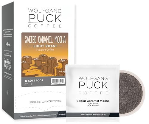 Wolfgang Puck Coffee, Salted Caramel Mocha Coffee, 9.5 Gram Pods, 18 Count