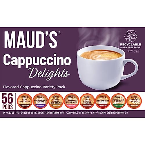 Maud's Cappuccino Coffee Pods Variety Pack, 56 ct | 8 Assorted Cappuccino Delight Flavors | 100% Arabica Coffee | Solar Energy Produced Recyclable Pods Compatible with Keurig K Cups Maker