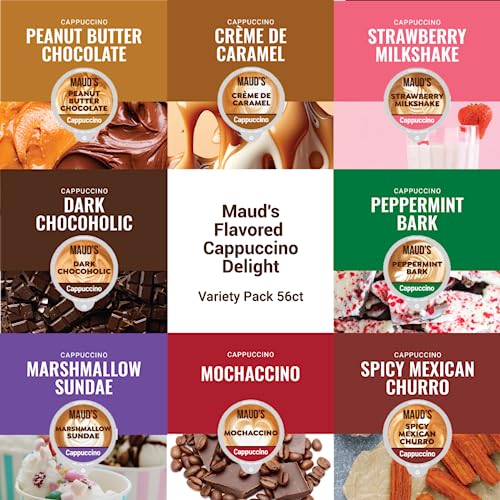 Maud's Cappuccino Coffee Pods Variety Pack, 56 ct | 8 Assorted Cappuccino Delight Flavors | 100% Arabica Coffee | Solar Energy Produced Recyclable Pods Compatible with Keurig K Cups Maker