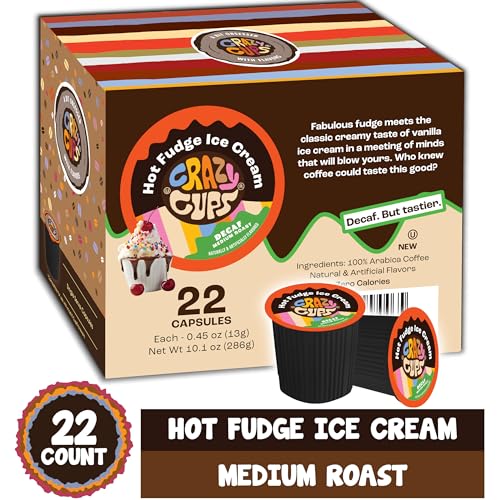 Crazy Cups Decaf Flavored Coffee pods, Hot Fudge Sundae, Single-Serve Medium Roast Coffee Cups for Keurig K-Cup Machines, Hot or Iced, 22 Count