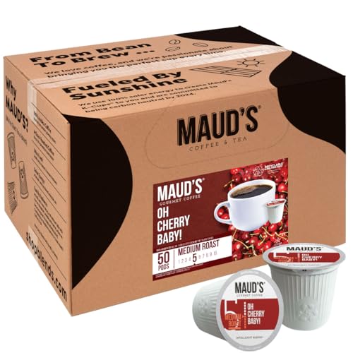Maud's Cherry Flavored Coffee (Oh Cherry Baby!), 50ct. Solar Energy Produced Recyclable Single Serve Cherry Holiday Flavored Coffee Pods – 100% Arabica Coffee California Roasted, KCup Compatible