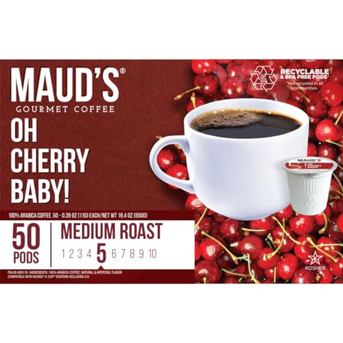 Maud's Cherry Flavored Coffee (Oh Cherry Baby!), 50ct. Solar Energy Produced Recyclable Single Serve Cherry Holiday Flavored Coffee Pods – 100% Arabica Coffee California Roasted, KCup Compatible