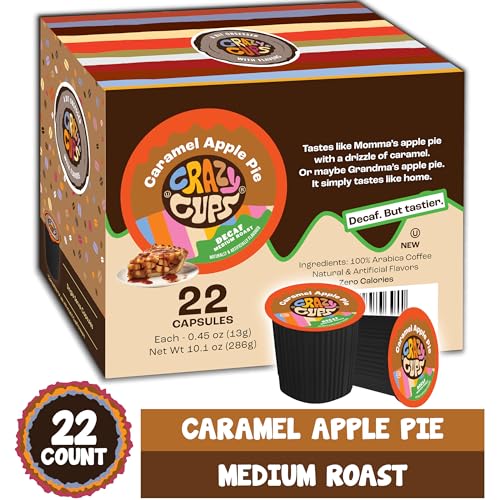 Crazy Cup Decaf Flavored Coffee Pods, Decaffeinated Caramel Apple Pie Single Serve Coffee Cups for K Cup Keurig Machines, Brew Hot or Iced Fall Coffee, 22 Count