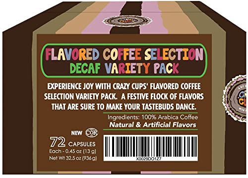 Crazy Cups Decaf Variety Pack, Hot Or Iced Coffee, Coffee Pods Variety With Decaf Flavored Coffee Pods For Keurig K Cups Machines, Decaf Coffee Variety Pack, 72 Count