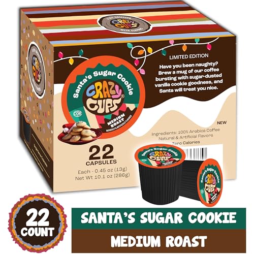 Crazy Cups Flavored Coffee Pods, Santa's Sugar Cookie Coffee, Holiday Blend Coffee, Single Serve Coffee for Keurig K Cups Machines, Medium Roast Coffee in Recyclable Pods, 22 Count