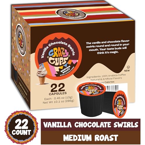 Crazy Cups Flavored Coffee pods, Vanilla Chocolate Swirls, Single-Serve Medium Roast Coffee Cups for Keurig K-Cup Machines, Brew Hot or Iced Coffee, 22 Count