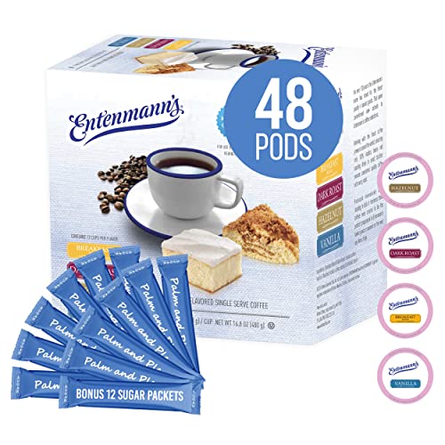PALM AND PLENTY Flavored K Cups Coffee & Sugar Bundle | Entenmann's Assorted 48 Count K Cup Flavored Coffee Pods Compatible with Keurig + 12 White Sugar Packets (Asst 48)