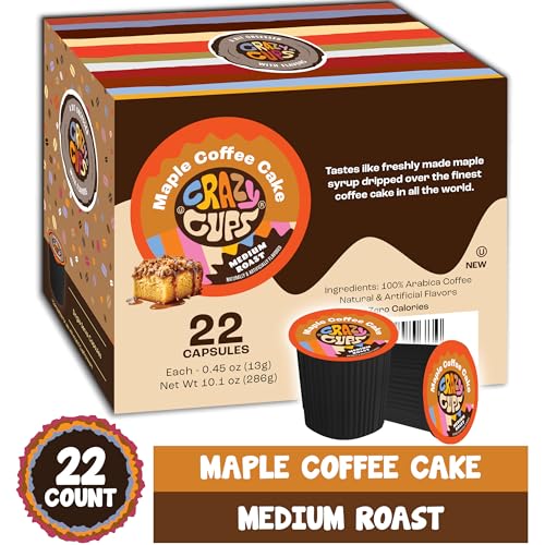 Crazy Cup Flavored Coffee Pods, Maple Coffee Cake Single Serve Coffee Cups for K Cup Keurig Machines, Brew Hot or Iced, 22 Count