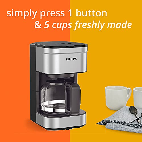 Krups Simply Brew Stainless Steel Drip Coffee Maker 5 Cup, Keep Warm Function, Reusable Coffee Filter, Ultra Compact 650 Watts, Drip Free, Pour Over, Cold Brew, Dishwasher Safe Pot, Silver and Black