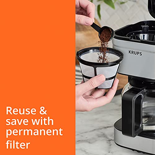 Krups Simply Brew Stainless Steel Drip Coffee Maker 5 Cup, Keep Warm Function, Reusable Coffee Filter, Ultra Compact 650 Watts, Drip Free, Pour Over, Cold Brew, Dishwasher Safe Pot, Silver and Black
