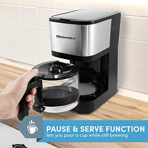 Elite Gourmet EHC9420 Automatic Brew & Drip Coffee Maker with Pause N Serve Reusable Filter, On/Off Switch, Water Level Indicator, Stainless Steel