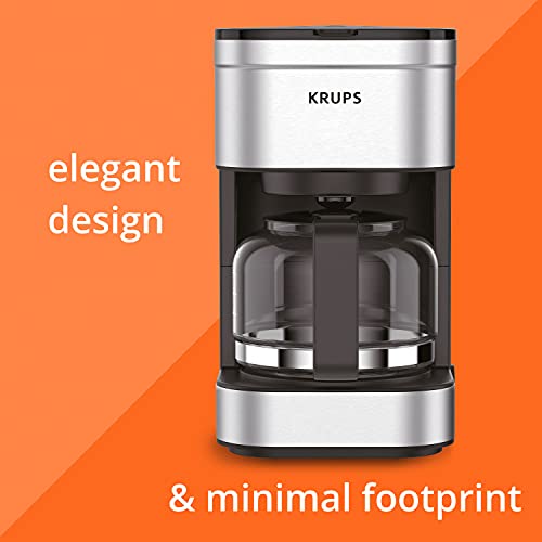 Krups Simply Brew Stainless Steel Drip Coffee Maker 5 Cup, Keep Warm Function, Reusable Coffee Filter, Ultra Compact 650 Watts, Drip Free, Pour Over, Cold Brew, Dishwasher Safe Pot, Silver and Black