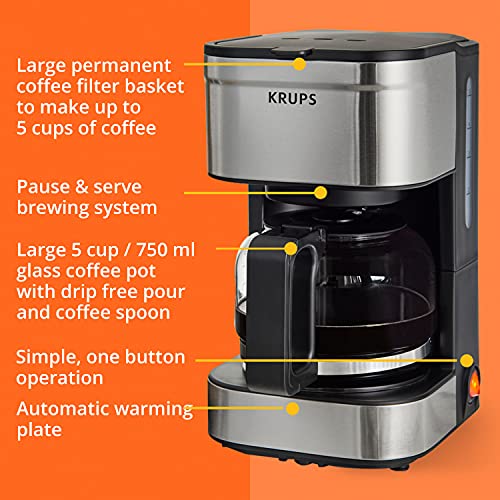 Krups Simply Brew Stainless Steel Drip Coffee Maker 5 Cup, Keep Warm Function, Reusable Coffee Filter, Ultra Compact 650 Watts, Drip Free, Pour Over, Cold Brew, Dishwasher Safe Pot, Silver and Black