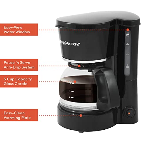 Elite Gourmet EHC-5055# Automatic Brew & Drip Coffee Maker with Pause N Serve Reusable Filter, On/Off Switch, Water Level Indicator, Black