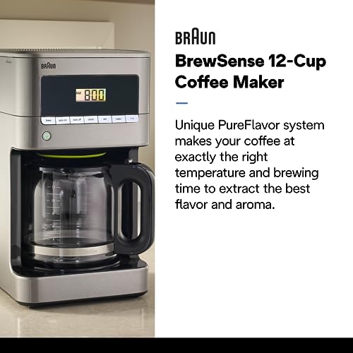 Braun BrewSense 12-Cup Drip Coffee Maker, Stainless Steel - PureFlavor & Fast Brew System - Three Brew Modes - 24-Hour Programmable Timer - Dishwasher Safe