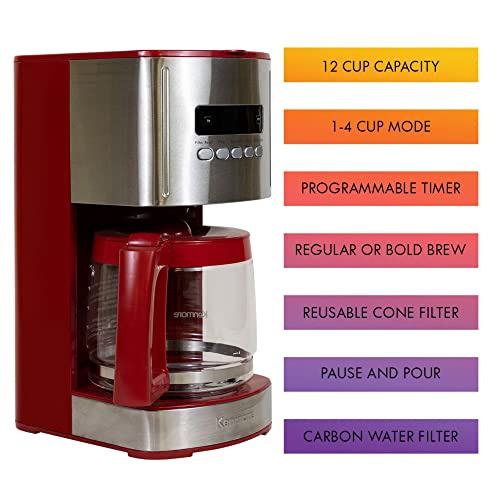 Kenmore Coffee Maker 12 cup Drip Coffee Machine Programmable Aroma Control Glass Carafe Reusable Filter Timer Digital Display Charcoal Water Filter Regular Bold Stainless Steel and Red