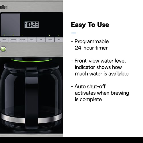 Braun BrewSense 12-Cup Drip Coffee Maker, Stainless Steel - PureFlavor & Fast Brew System - Three Brew Modes - 24-Hour Programmable Timer - Dishwasher Safe