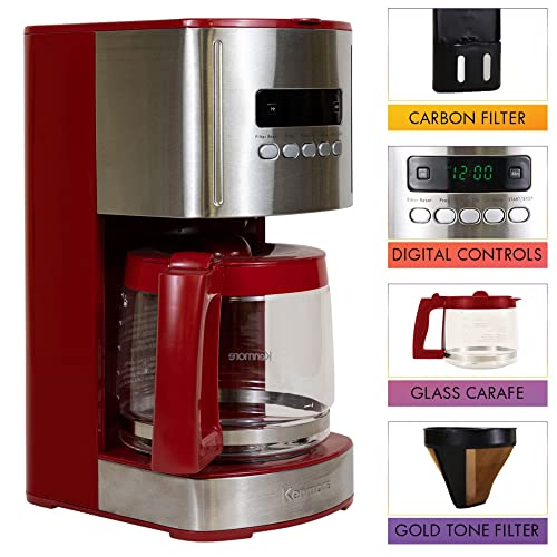 Kenmore Coffee Maker 12 cup Drip Coffee Machine Programmable Aroma Control Glass Carafe Reusable Filter Timer Digital Display Charcoal Water Filter Regular Bold Stainless Steel and Red