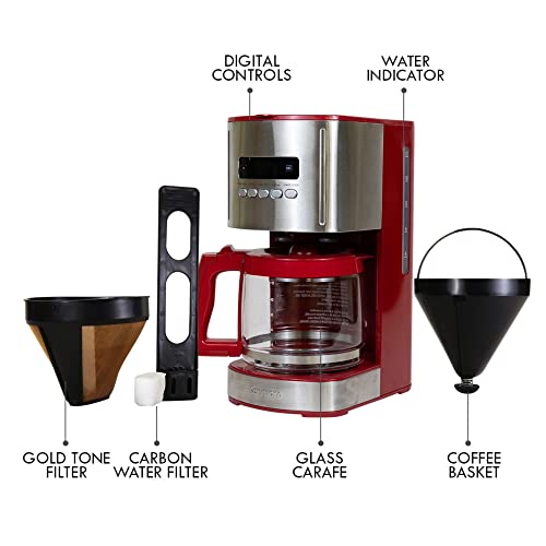 Kenmore Coffee Maker 12 cup Drip Coffee Machine Programmable Aroma Control Glass Carafe Reusable Filter Timer Digital Display Charcoal Water Filter Regular Bold Stainless Steel and Red